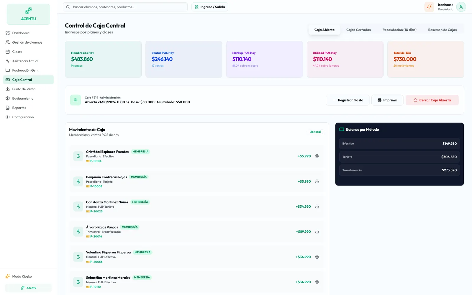 Acentu: caja central, arqueo y punto de venta